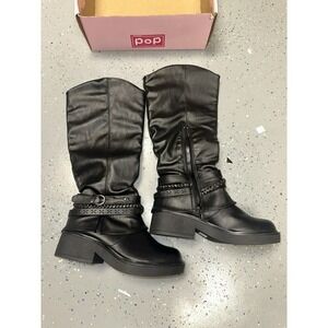 New Pop Freeway Block Heel Tall Riding Boots Black 6 Womens Biker Moto Z20